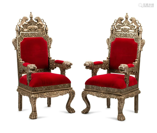 A Pair of Indian Style Silver-Clad Armchairs Height 56