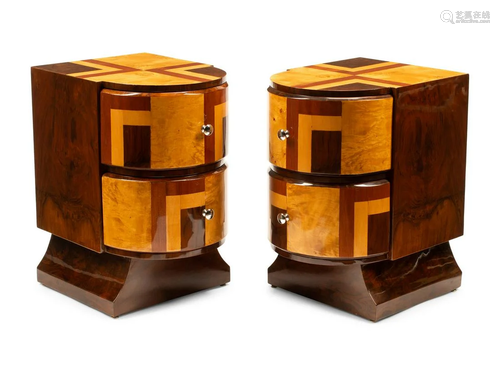 A Pair of Art Deco Style Burlwood and Parquetry Bedside