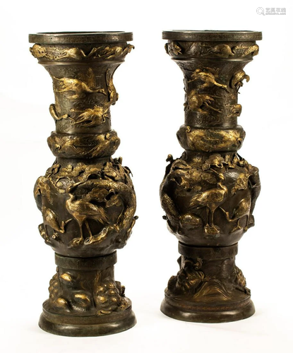 A Pair of Monumental Japanese Bronze Urns Height 53 1/2