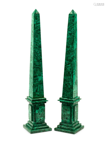 A Pair of Large Malachite Obelisks Height 31 inches.