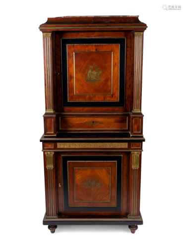 A French Empire Stye Brass Inlaid Kingwood Marble-Top