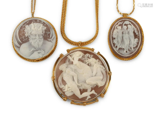 Three Italian Carved Cameos with Silver-Gilt Mounts
