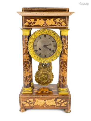 A French Marquetry Inlaid Portico Clock Height 17 3/4