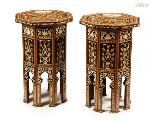 A Pair of Moorish Style Marquetry Tables Height 28 1/2