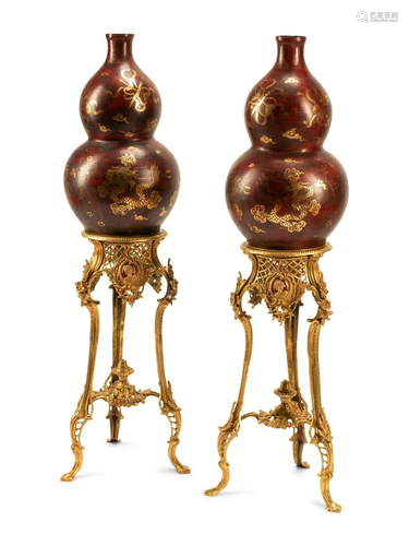 A Pair of Chinese Export Gold and Red Lacquer Vases