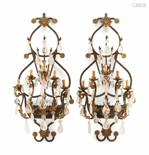 A Pair of Spanish Iron and Rock Crystal Five-Light