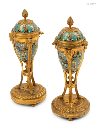A Pair of Louis XVI Style Gilt Bronze Mounted Champleve