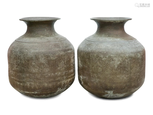 A Pair of Large Thai Hammered Metal Unrs Height 43 x