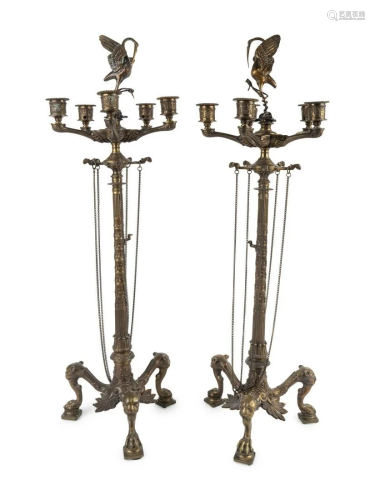 A Pair of French Bronze Six-Light Candelabra Height 28