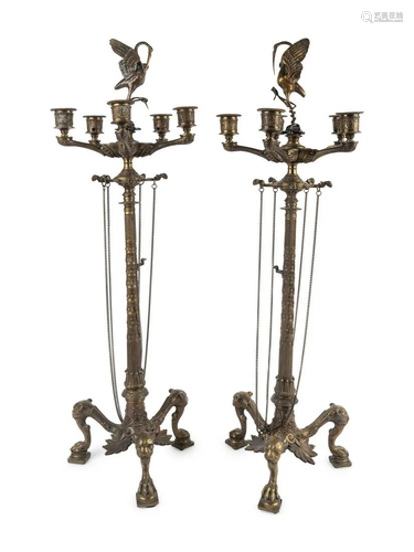 A Pair of French Bronze Six-Light Candelabra Height 28