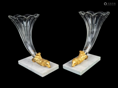 A Pair of Empire Style Glass Cornucopia Vases Height 10