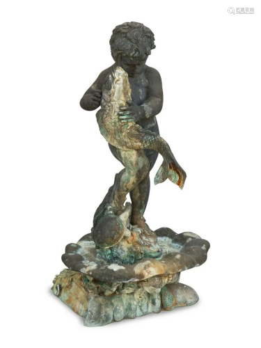 A Bronze Fountain of a Young Boy with Fish Height 58 x