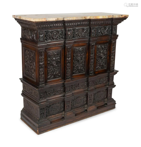 A Henry IV Style Carved Walnut Marble Top Console