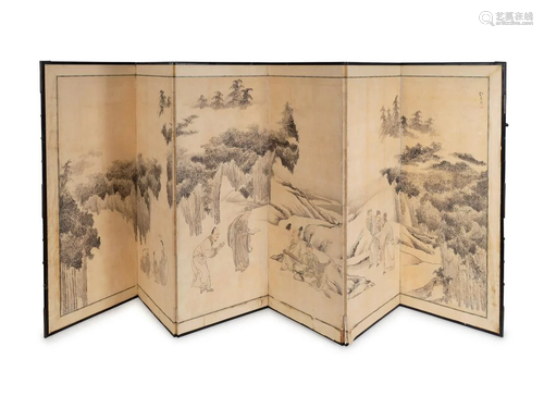 A Japanese Six-Fold Paper Screen Each panel, 60 x 23