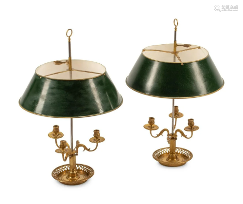 A Pair of French Gilt Bronze Bouillotte Lamps with Tole