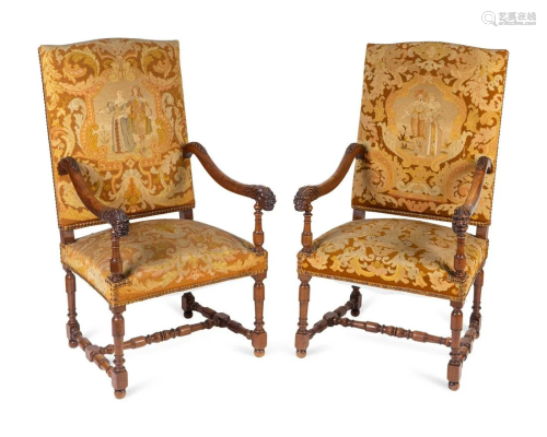 A Pair of Louis XIII Style Carved Walnut Needlepoint