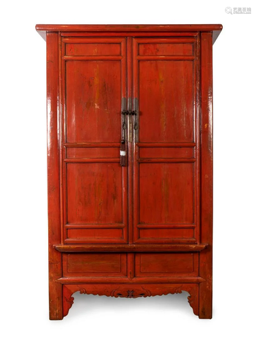 A Chinese Red-Lacquered Cabinet Height 98 x width 65 x