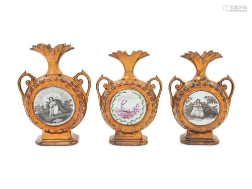 Three English Copper Lusterware Clock Vases Height of