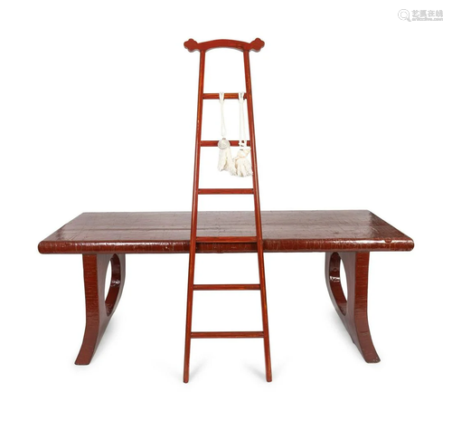 A Chinese Red Lacquer Table and Ladder Height 31 x