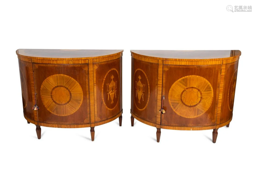 A Pair of George III Style Inlaid Mahogany Demilune