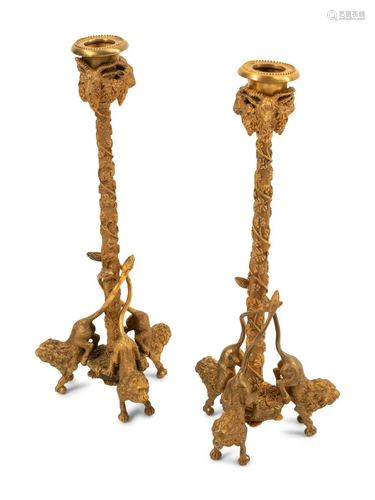 A Pair of English Gilt Bronze Candlesticks Height 12