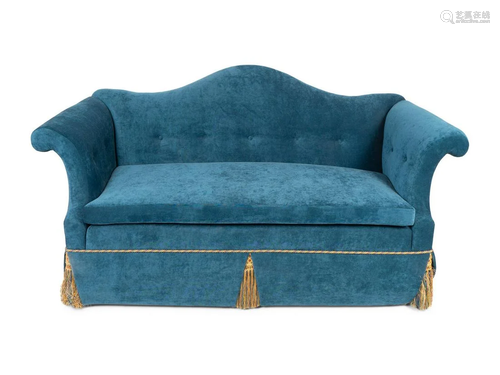 A Camel Back Settee Upholstered in Teal Velvet Height