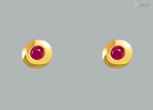 14K YELLOW GOLD STUD RED CZ EARRINGS SCREW BACK CIRCLE