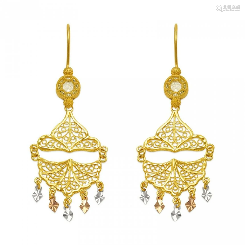 14K TRI COLOR GOLD DROP DANGLE CHANDELIER CZ EARRINGS