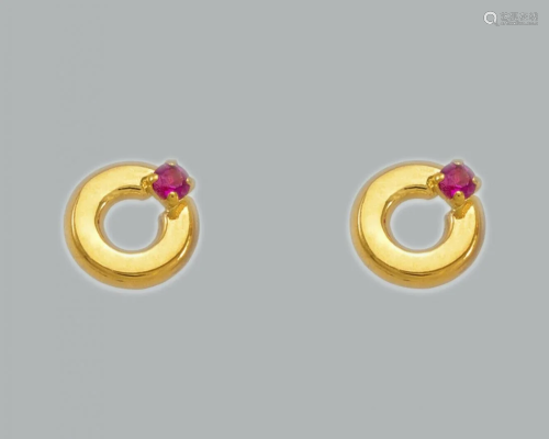 14K YELLOW GOLD STUD RED CZ EARRINGS SCREW BACK CIRCLE