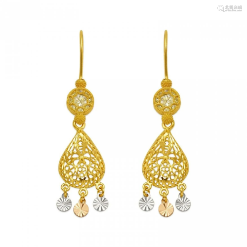 14K TRI COLOR GOLD DROP DANGLE CHANDELIER CZ EARRINGS