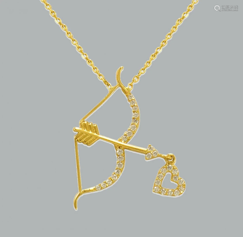 14K YELLOW GOLD CZ HEART NECKLACE CUPID BOW ARROW HE…