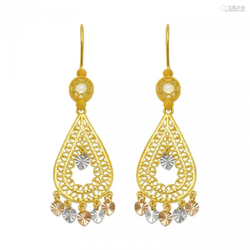 14K TRI COLOR GOLD DROP DANGLE CHANDELIER CZ EARRINGS