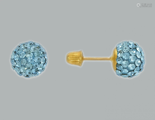 14K YELLOW GOLD STUD ENAMEL BLUE CZ BALL EARRINGS