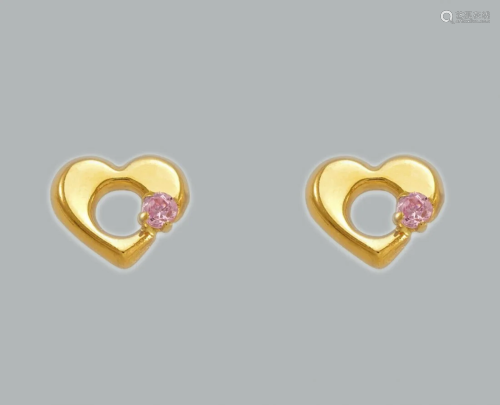 14K YELLOW GOLD STUD PINK CZ EARRINGS SCREW BACK HEART