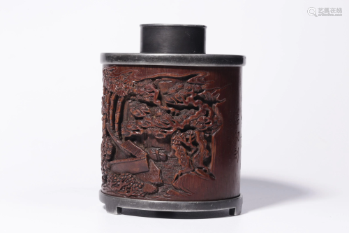 A Bamboo Inlaid Tin Tea Caddy