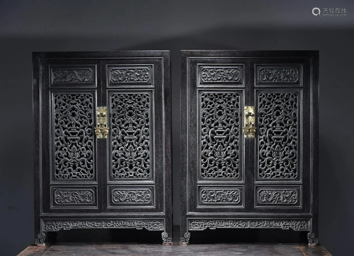 Pair Carved Rosewood Wardrobes