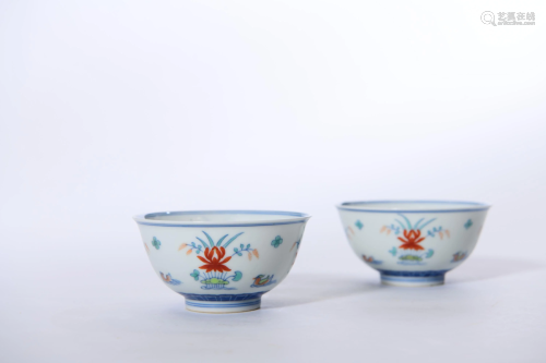 Pair Famille Rose Cups Qing Style