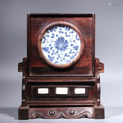 A Blue and White Porcelain Plaque Inlaid Rosewood Table