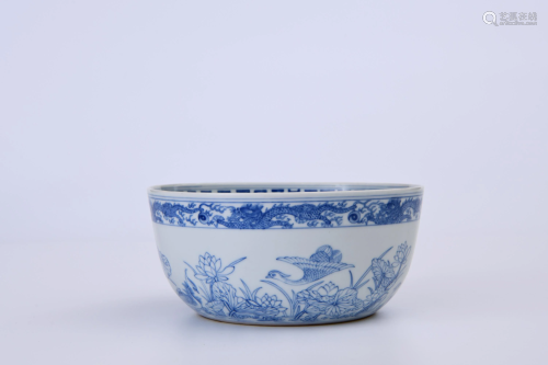 A Blue and White Lotus Pond Bowl Qing Style