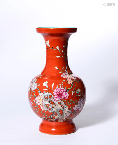 A Coral Red Ground and Famille Rose Vase Qing Style