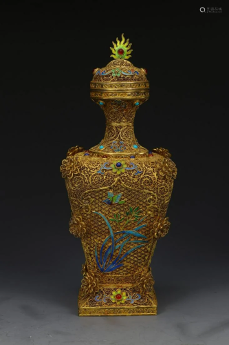A Silver Gilt Enamel Vase
