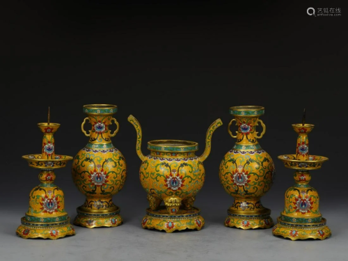 A Set of Five Cloisonne Enamel Ritual Items Qianlong