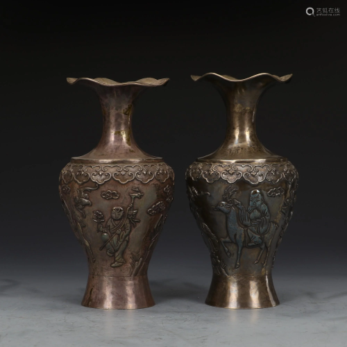 Pair Silver Engraved Vases