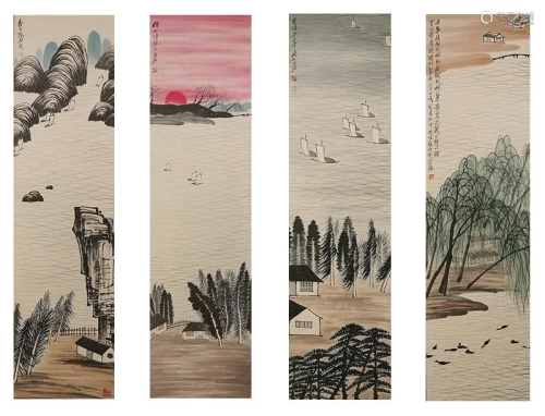 Four Pages of Chinese Scroll Painting By Qi Baishi