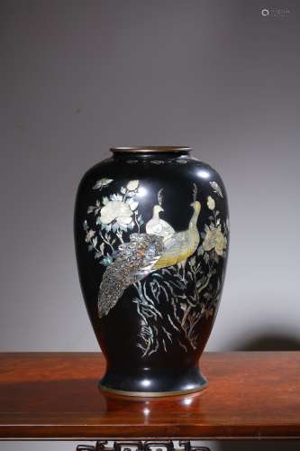 昭和时期铜胎嵌螺钿浮雕花开富贵花瓶