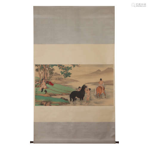 CHINESE PAINTING OF FIGURE & HORSE THE IN RIVER
