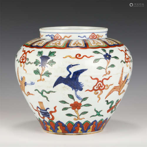 MING BLUE & WHITE WUCAI JAR WITH FLOWER CRANES