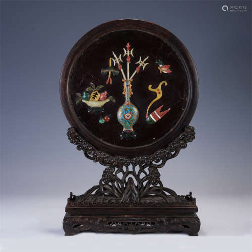 QING HARDSTONE INLAID ROUND TABLE SCREEN