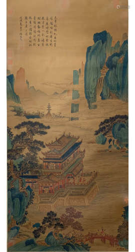 A Chinese Temple Painting Silk Scroll, Qiu Ying Mark