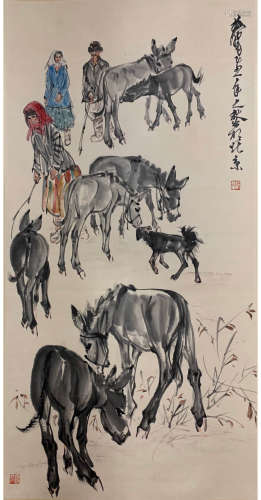 A Chinese Donkeys Painting Scroll, Huang Zhou Mark